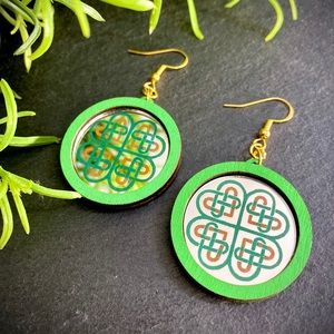 Hand Painted Mirror & Wood Irish Celtic Knot St. Patrick’s Day Dangle Earrings
